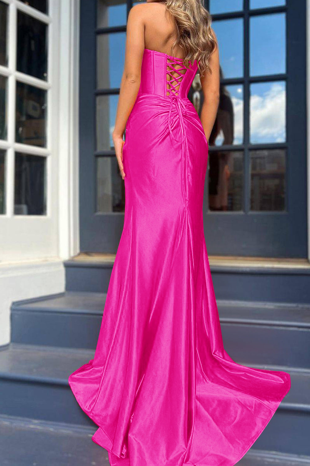 Royal Blue Prom Dress Corset Mermaid Draped Satin Long Evening Dress with Slit