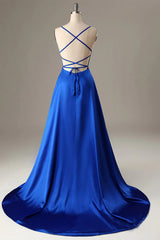 Royal Blue Prom Dress Halter Backless A Line Evening Dress