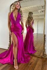 Royal Blue Prom Dress Halter Mermaid Satin Evening Dress with Slit