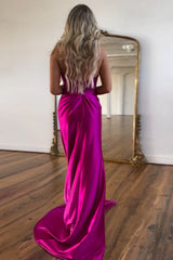Royal Blue Prom Dress Halter Mermaid Satin Evening Dress with Slit
