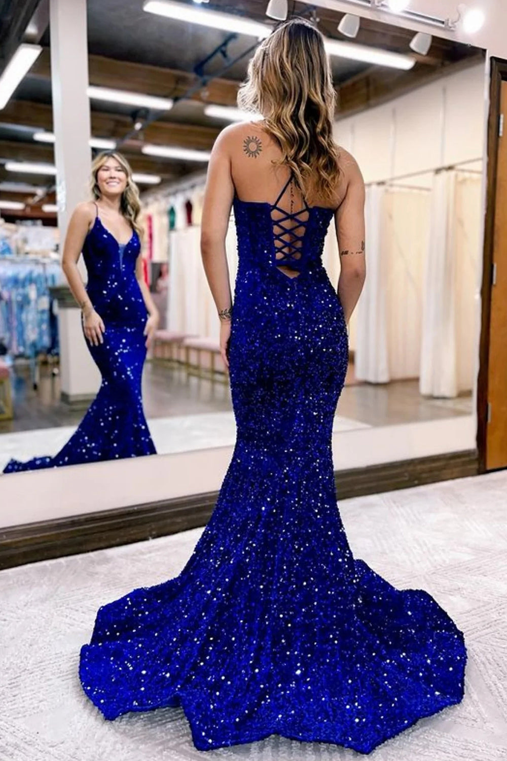 Royal Blue Prom Dress Lace Up Back Sequined Mermaid Long Evening Dress