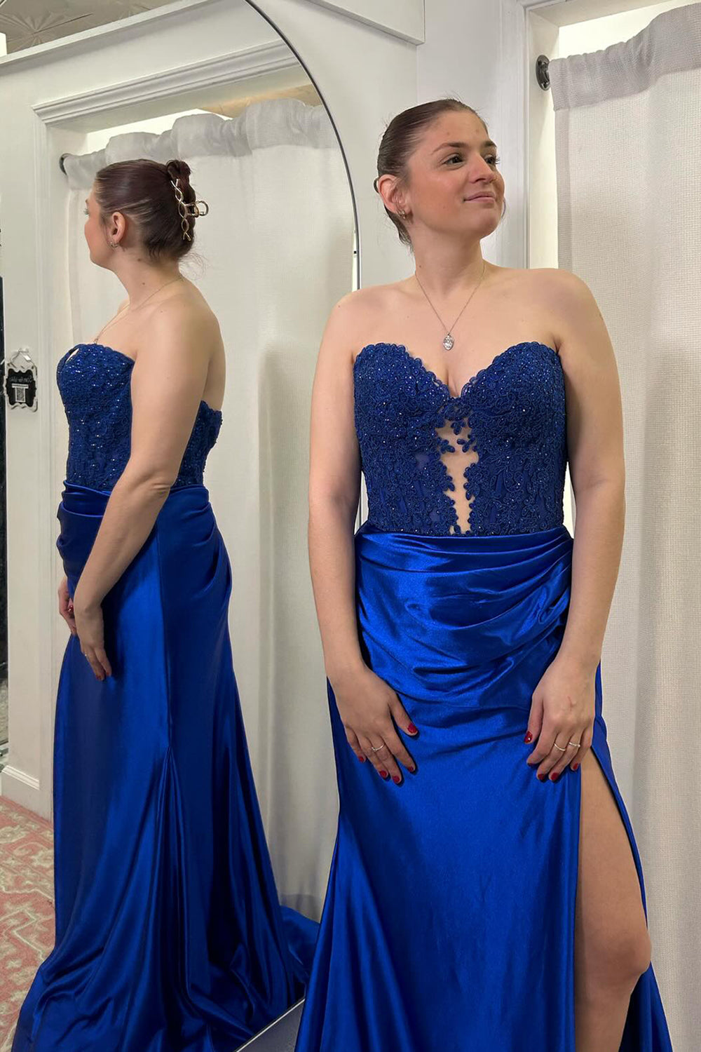 Royal Blue Prom Dress Mermaid Corset Long Lace Evening Dress with Slit