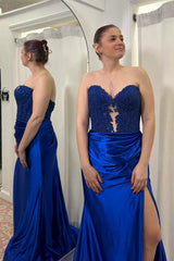 Royal Blue Prom Dress Mermaid Corset Long Lace Evening Dress with Slit