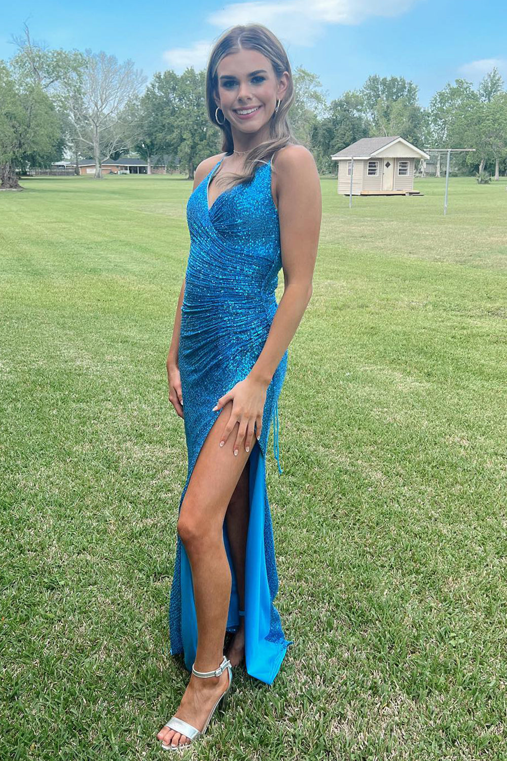 Royal Blue Prom Dress Mermaid Sequined Long Evening Dress with Slit
