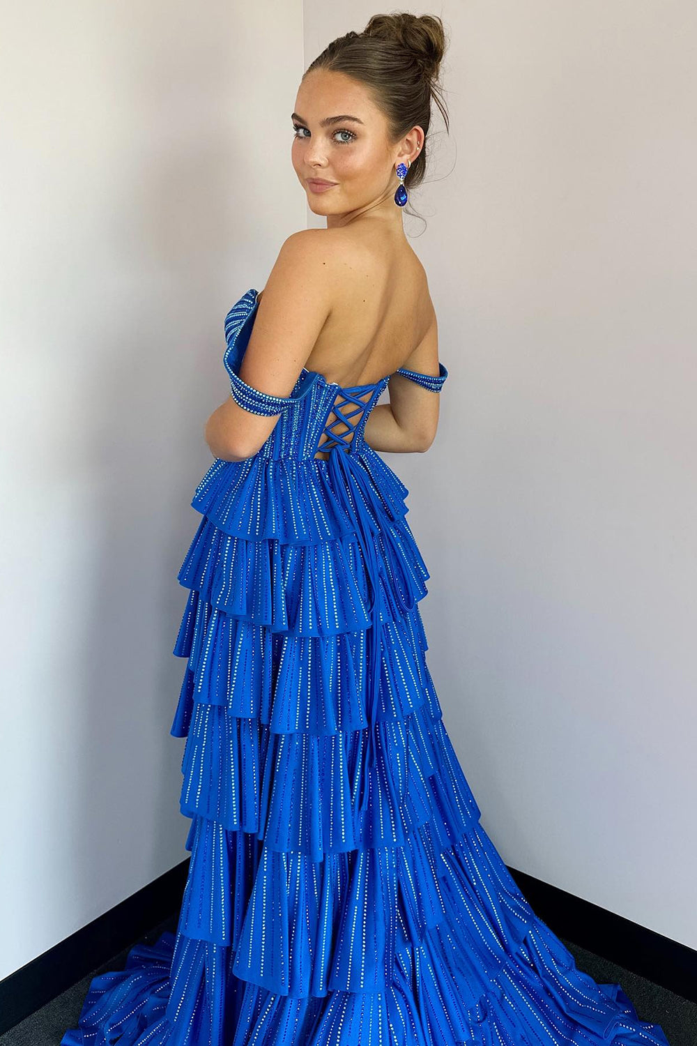 Royal Blue Prom Dress Off The Shoulder Tiered Long Evening Dress with Slit