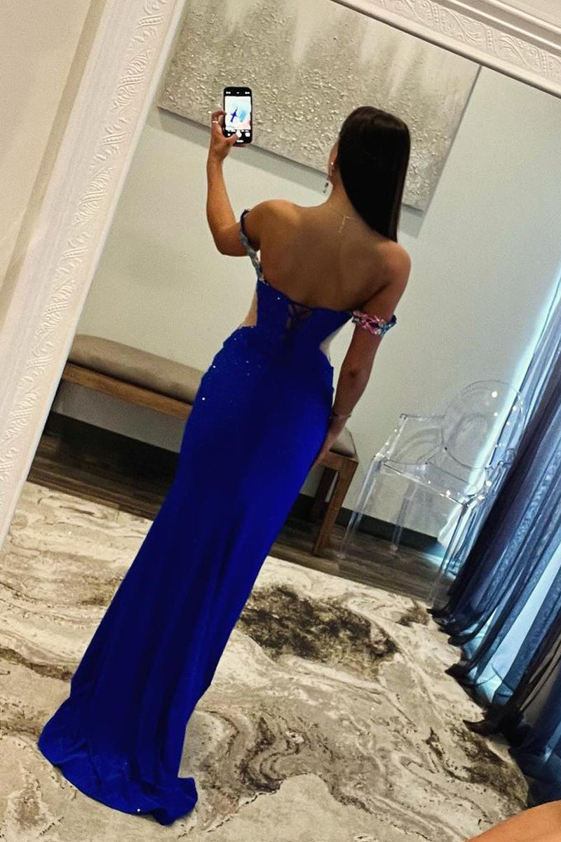 Royal Blue Prom Dress Off the Shoulder Beaded Long Appliqued Evening Dress