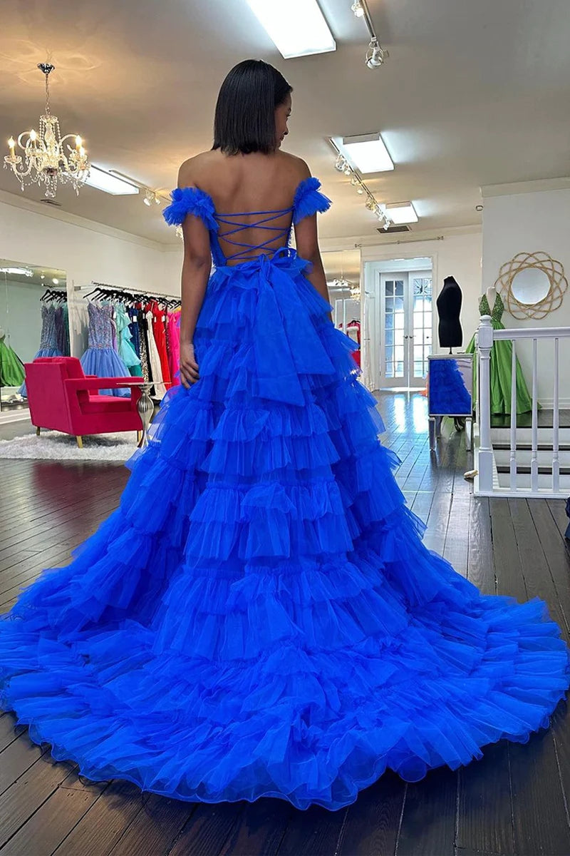 Royal Blue Prom Dress Off the Shoulder Ruffle Tiered Tulle Long Evening Dress With Split