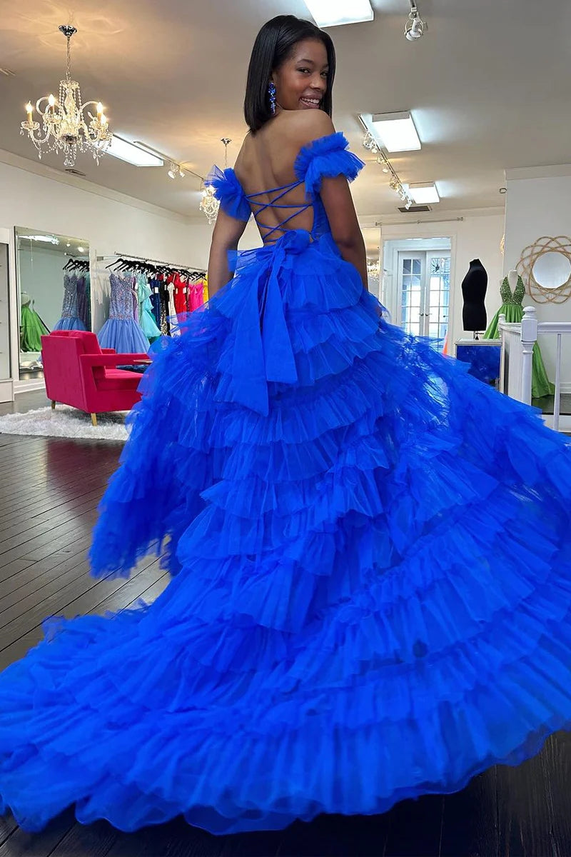 Royal Blue Prom Dress Off the Shoulder Ruffle Tiered Tulle Long Evening Dress With Split