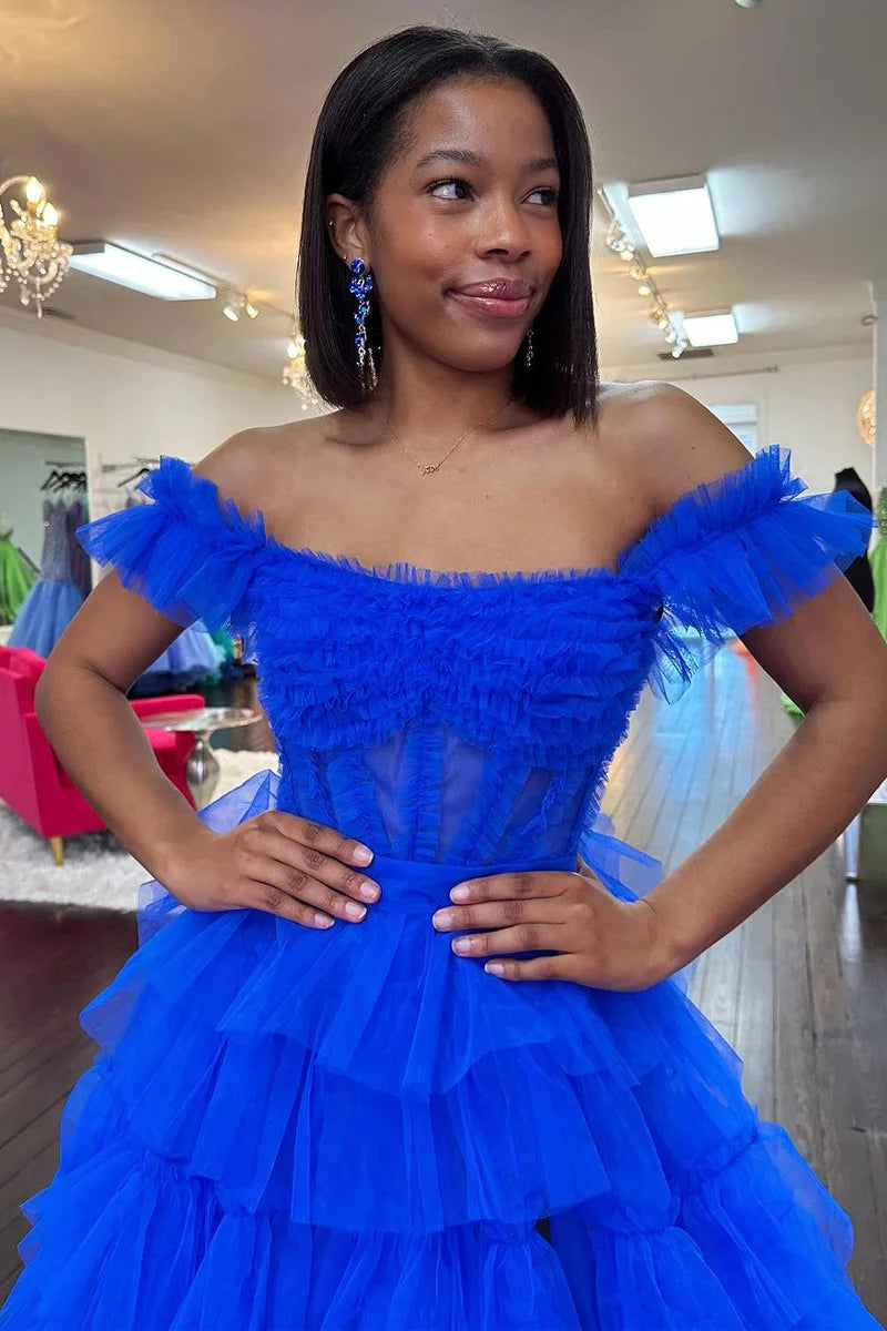Royal Blue Prom Dress Off the Shoulder Ruffle Tiered Tulle Long Evening Dress With Split