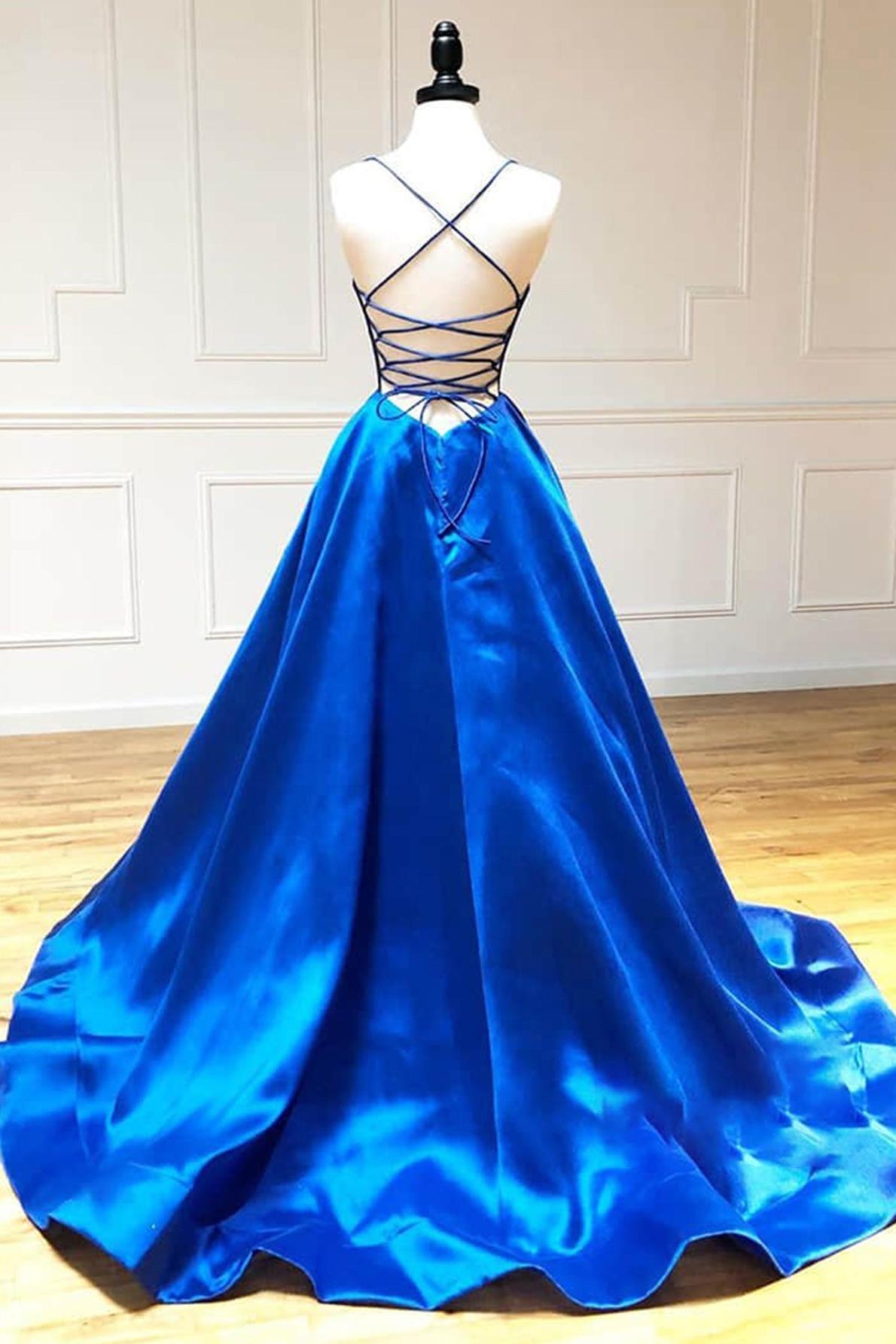Royal Blue Prom Dress Satin A Line V Neck Long Evening Dress