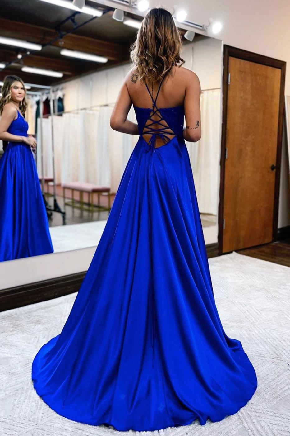 Royal Blue Prom Dress Satin V Neck Lace Long Evening Gown Evening Dress