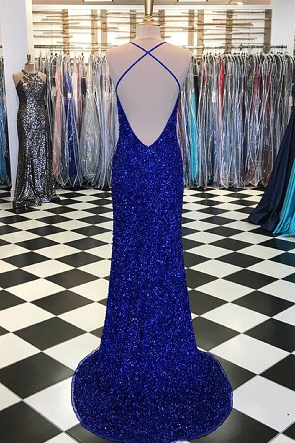 Royal Blue Prom Dress Sequin Mermaid Evening Dress