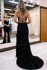 Royal Blue Prom Dress Sequined Long Mermaid Evening Dress with Feathers
