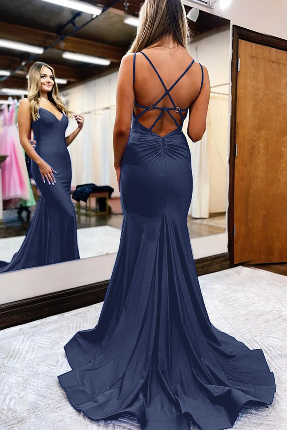 Royal Blue Prom Dress Spaghetti Straps Simple Mermaid Evening Dress