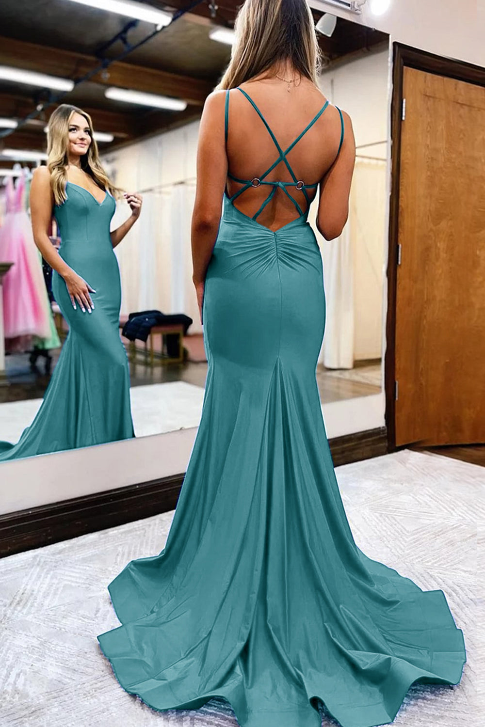Royal Blue Prom Dress Spaghetti Straps Simple Mermaid Evening Dress