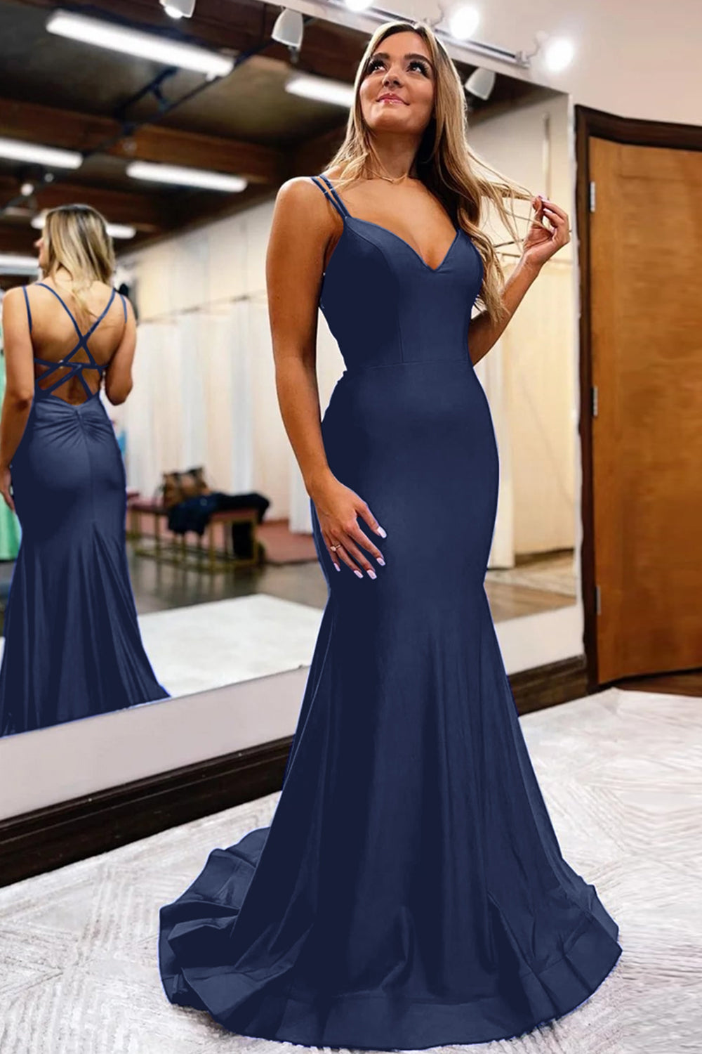 Royal Blue Prom Dress Spaghetti Straps Simple Mermaid Evening Dress
