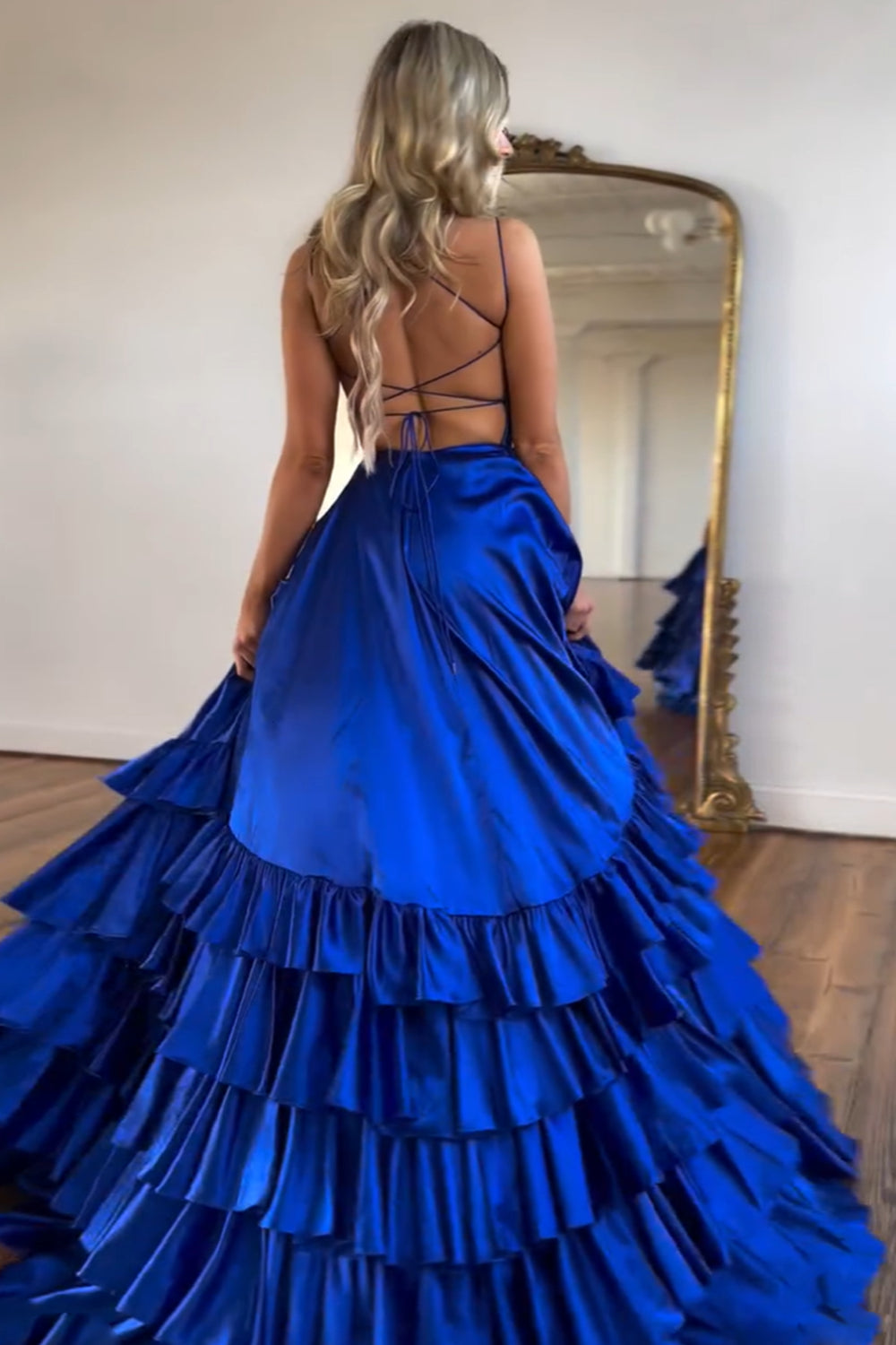 Royal Blue Prom Dress Spaghetti Straps Tiered Long Evening Dress with Slit