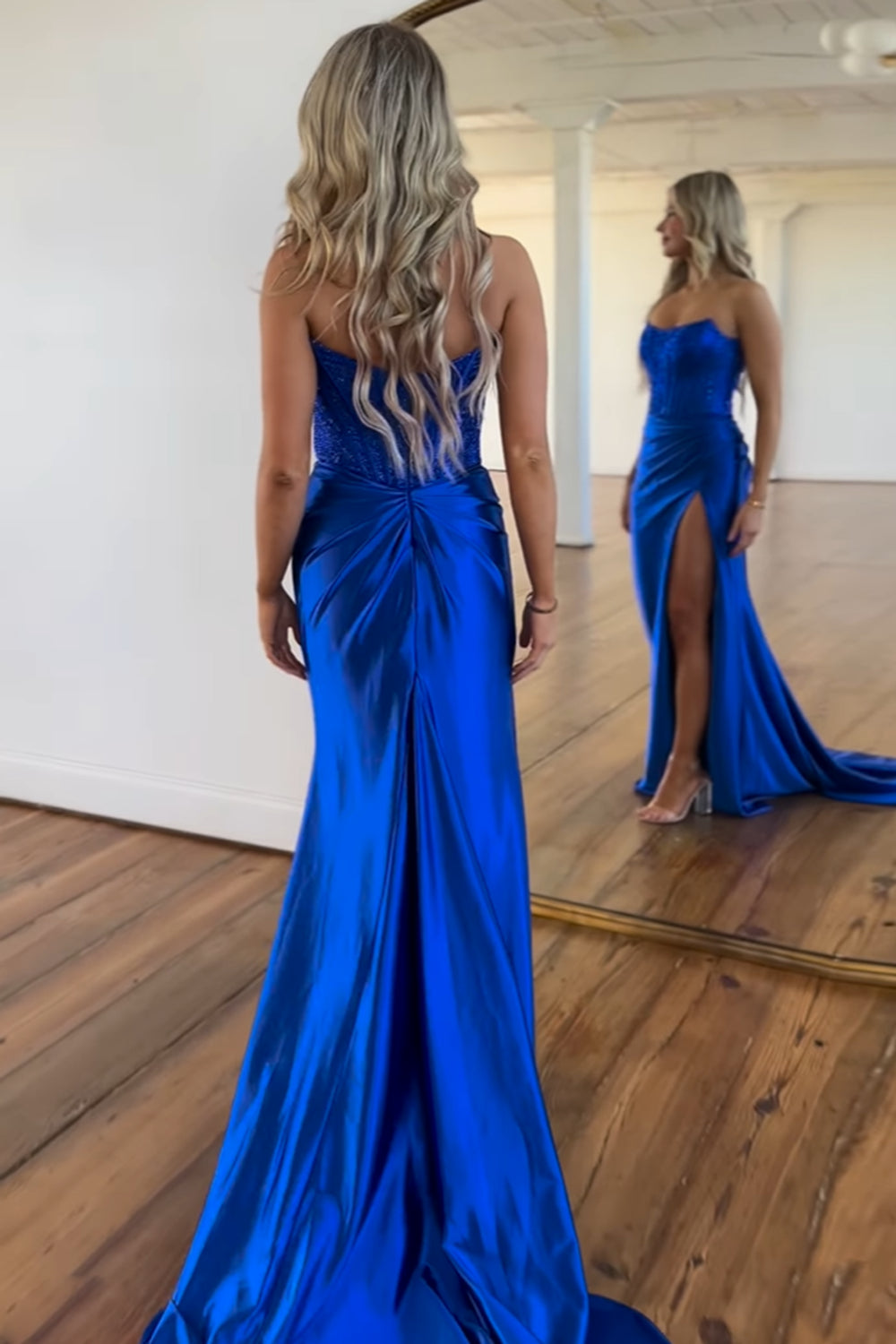 Royal Blue Prom Dress Strapless Mermaid Corset Long Evening Dress with Slit