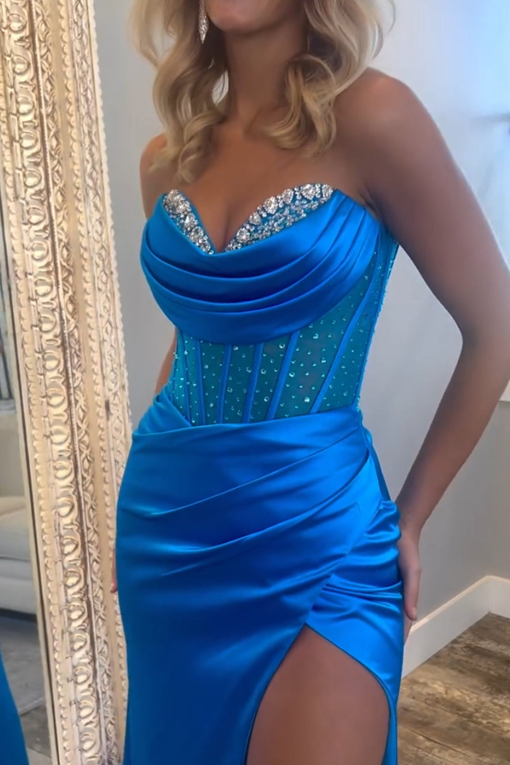 Royal Blue Prom Dress Sweetheart Corset Evening Dress with Slit