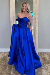 Royal Blue Satin Gown With Strapless Glitter A-Line Silhouette Prom Dress Formal Evening Gown