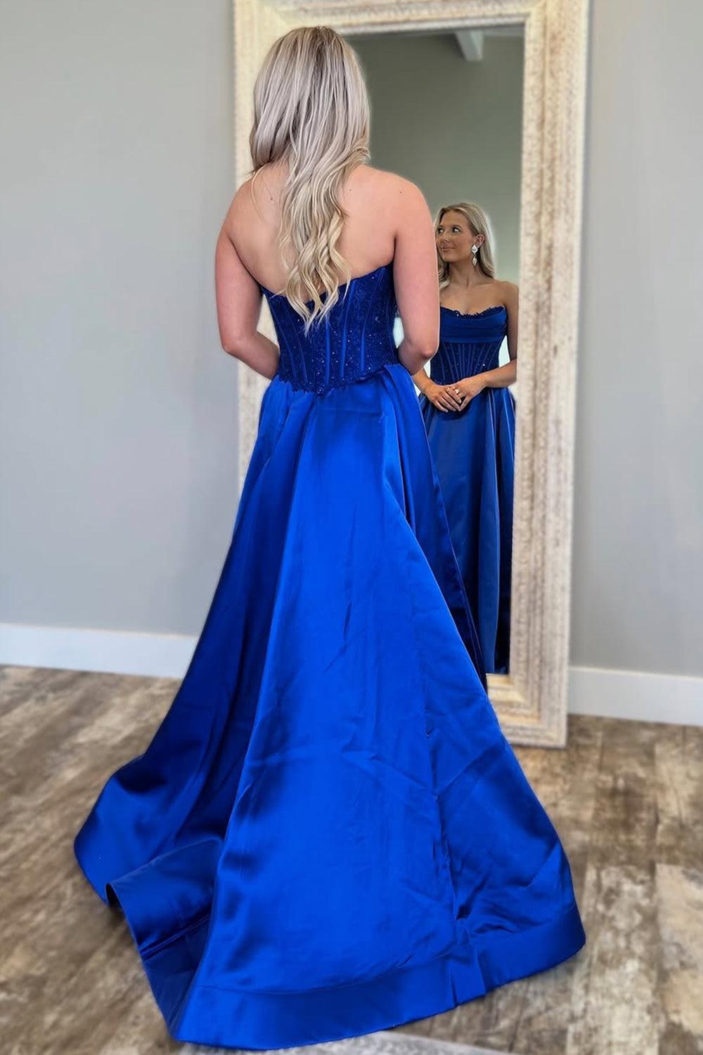 Royal Blue Satin Gown With Strapless Glitter A-Line Silhouette Prom Dress Formal Evening Gown