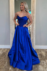 Royal Blue Satin Gown With Strapless Glitter A-Line Silhouette Prom Dress Formal Evening Gown