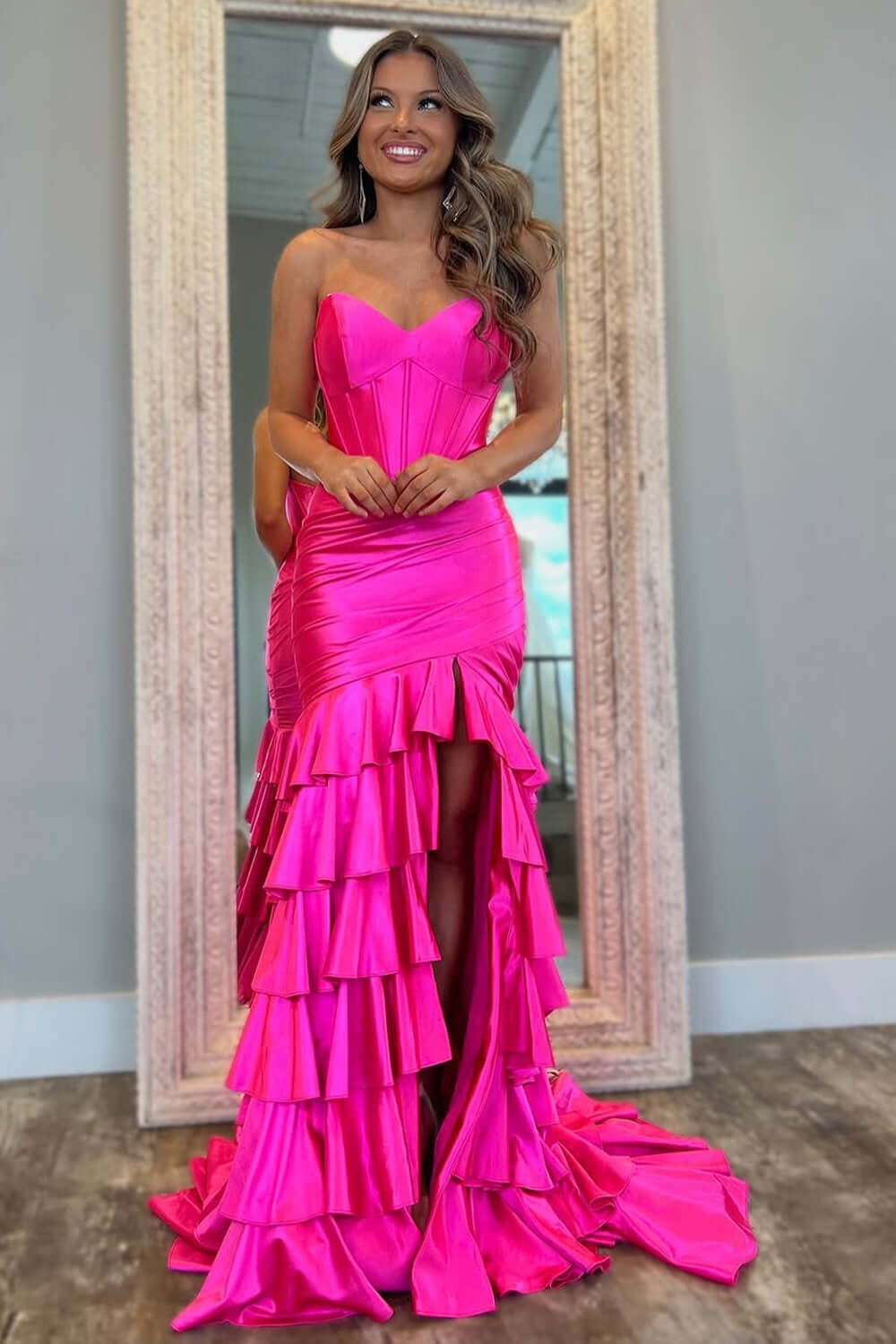 Mermaid Royal Blue Prom Dress Sweetheart Corset Ruffled Long Evening Dress with Slit