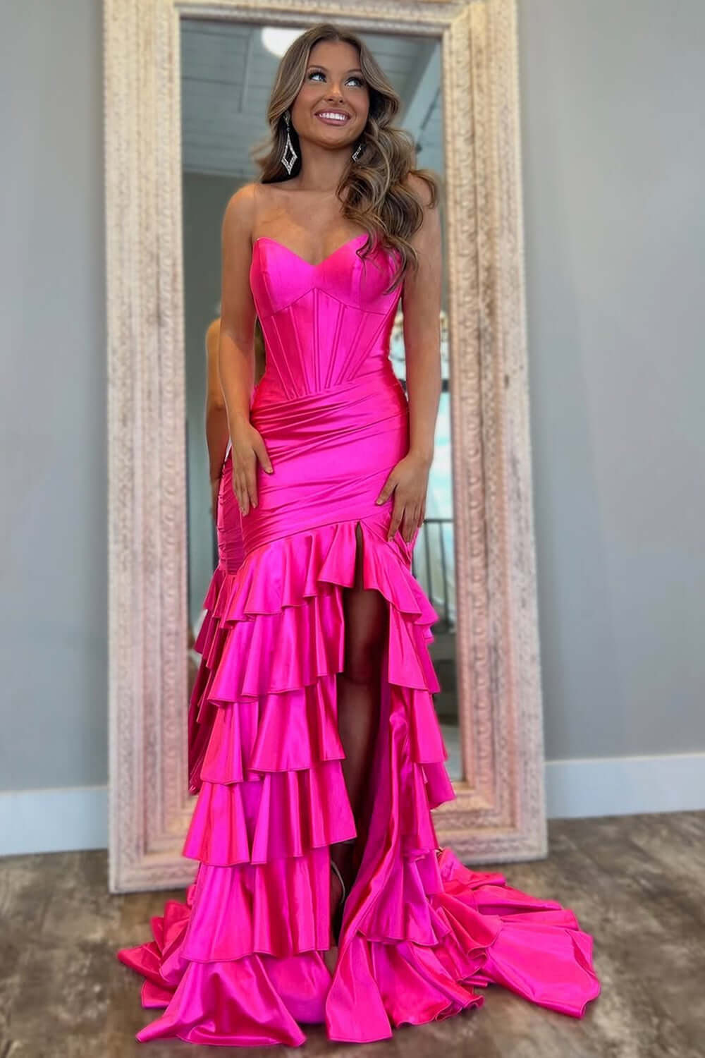 Mermaid Royal Blue Prom Dress Sweetheart Corset Ruffled Long Evening Dress with Slit