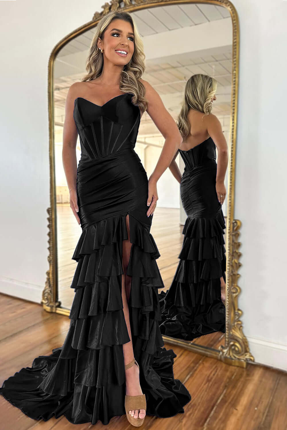 Mermaid Royal Blue Prom Dress Sweetheart Corset Ruffled Long Evening Dress with Slit