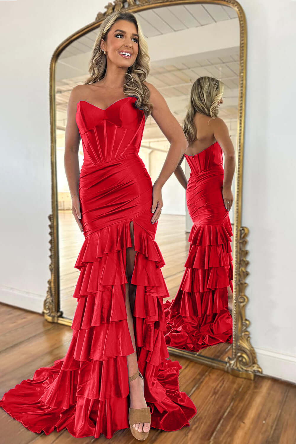 Mermaid Royal Blue Prom Dress Sweetheart Corset Ruffled Long Evening Dress with Slit