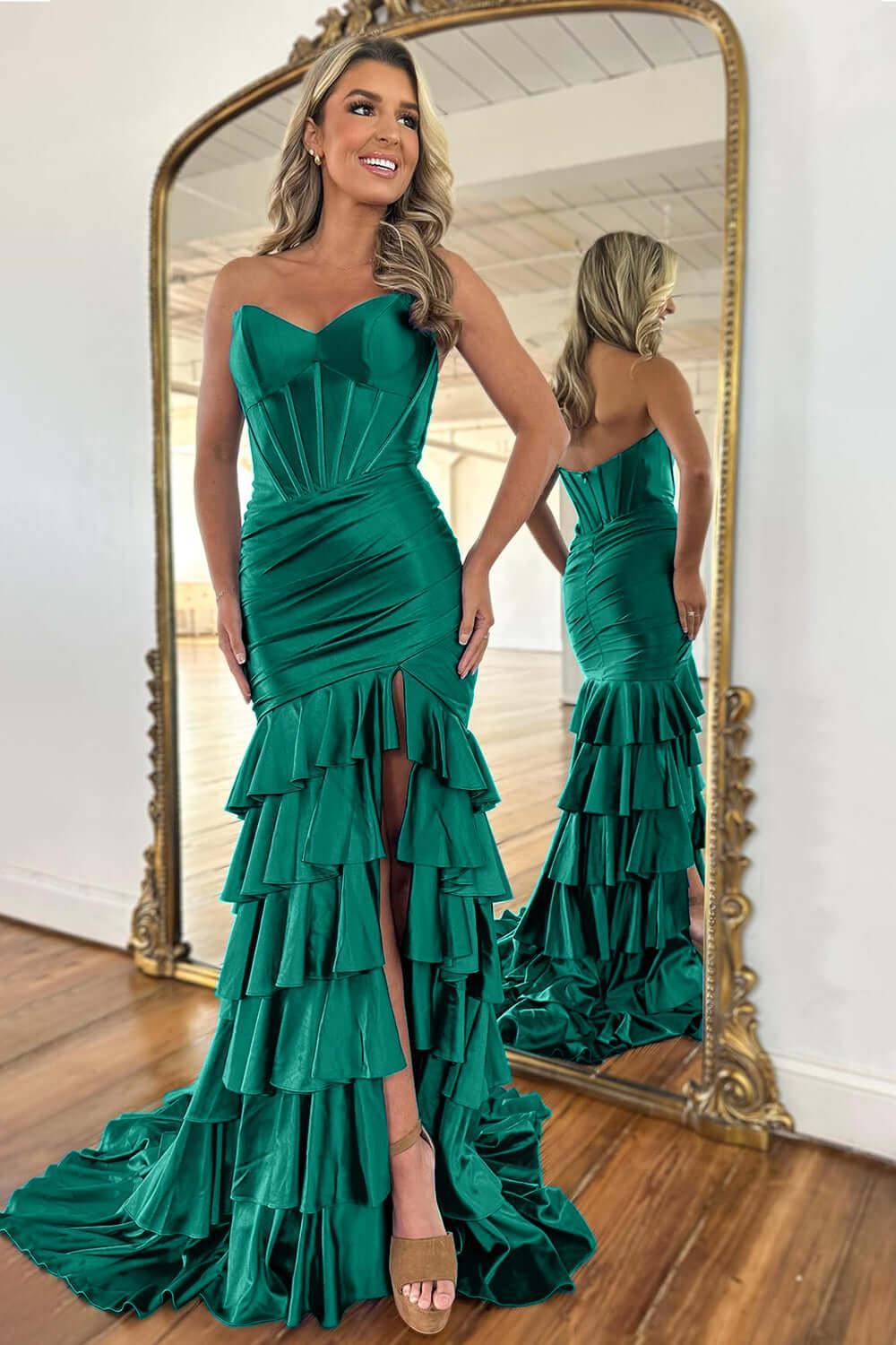 Mermaid Royal Blue Prom Dress Sweetheart Corset Ruffled Long Evening Dress with Slit