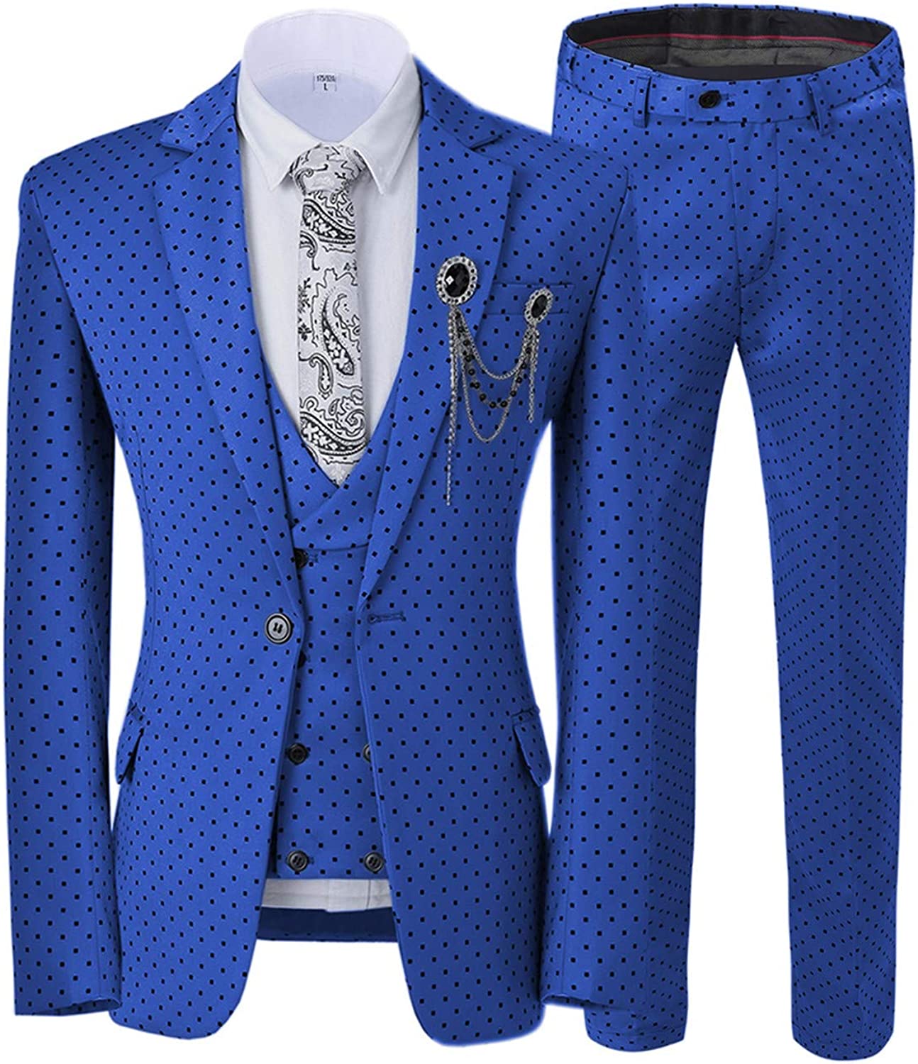 Royal Blue Three Piece Notched Lapel Prom Suit with Black Dot