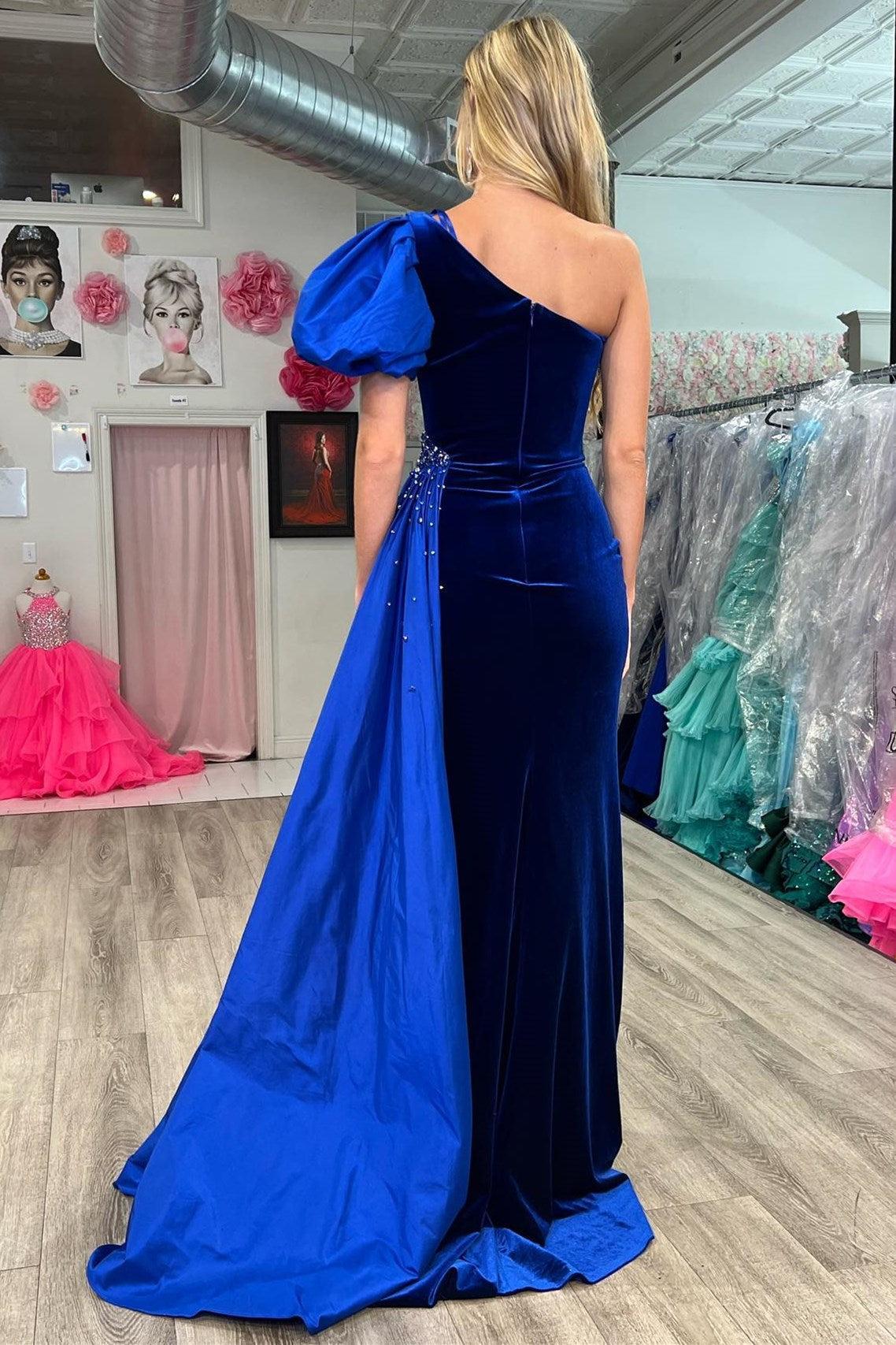 Royal Blue Velvet Formal Dress One Shoulder Long Evening Dress