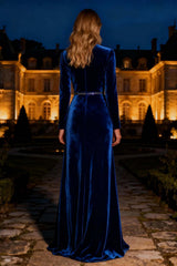 Dressystars Royal Blue Velvet Long Mermaid Holiday Party Dress With Beading