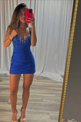 Dressystars Royal Blue Bodycon V Neck Short Corset Homecoming Dress with Beading