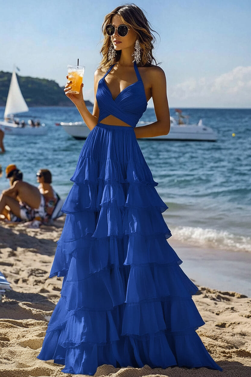 Dressystars Halter Tiered White 2 Piece Ruffled Formal Dress