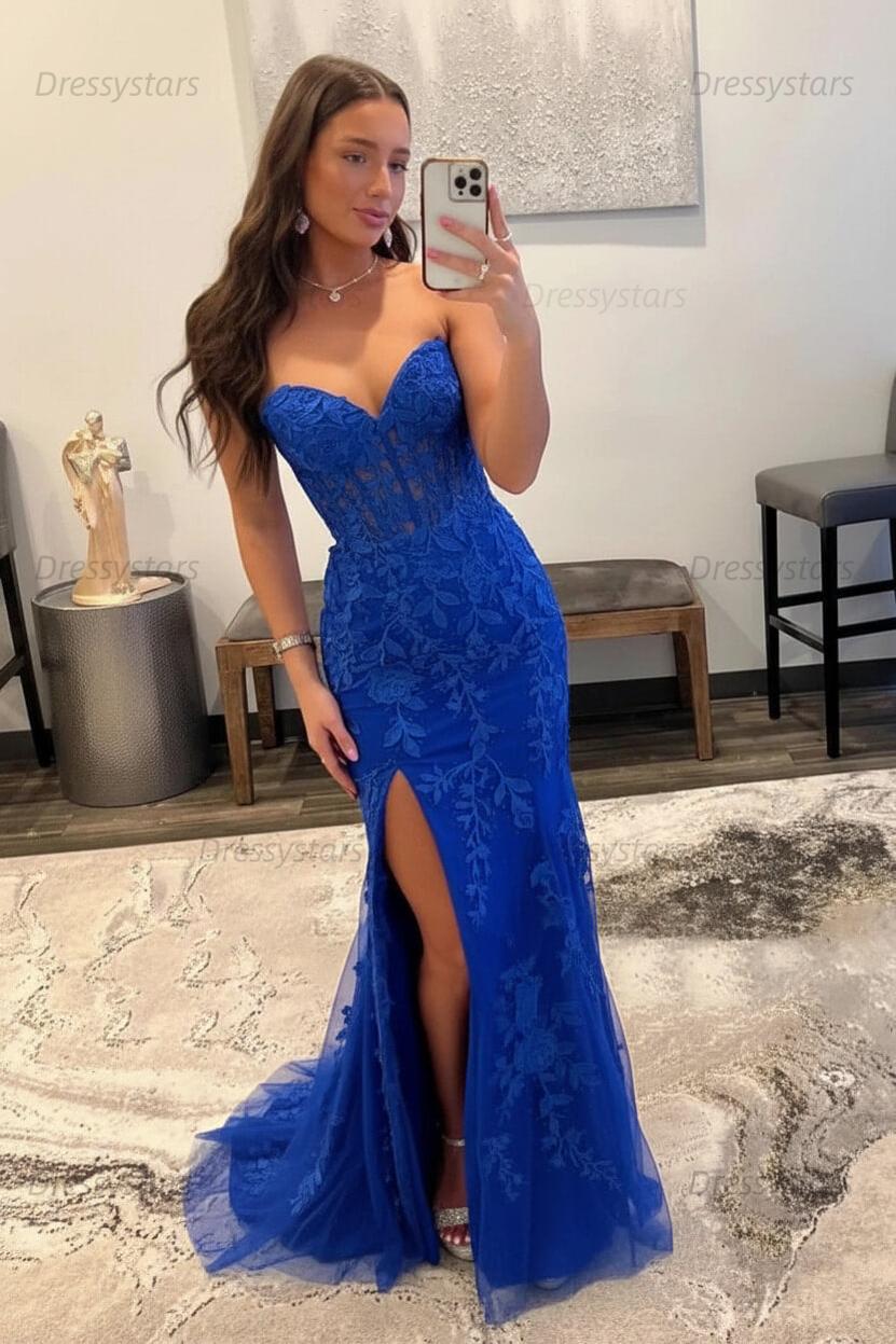 Black Prom Dress Corset Sweetheart Long Lace Mermaid Evening Dress with Slit