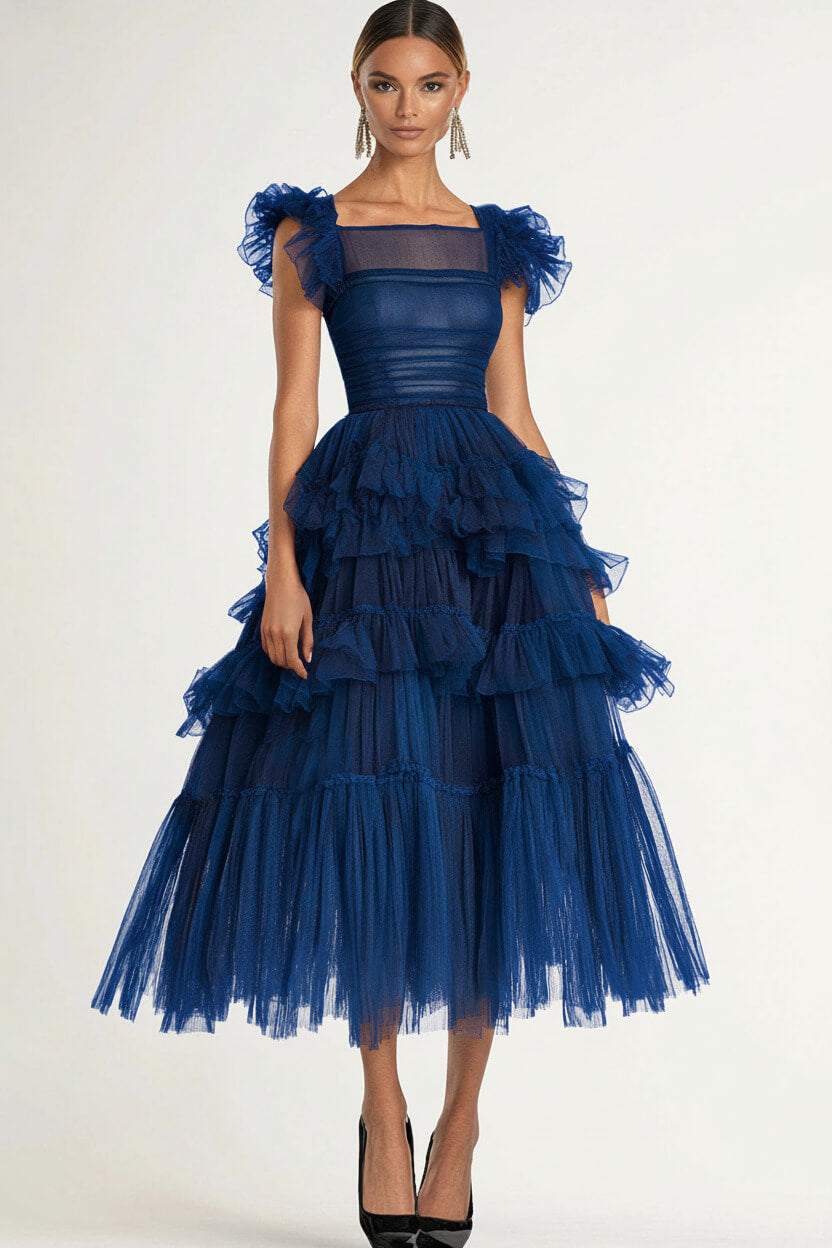 Dressystars Tea Length Black Wedding Guest Dress A-Line Flatter Sleeves Tulle Formal Dress With Ruffles