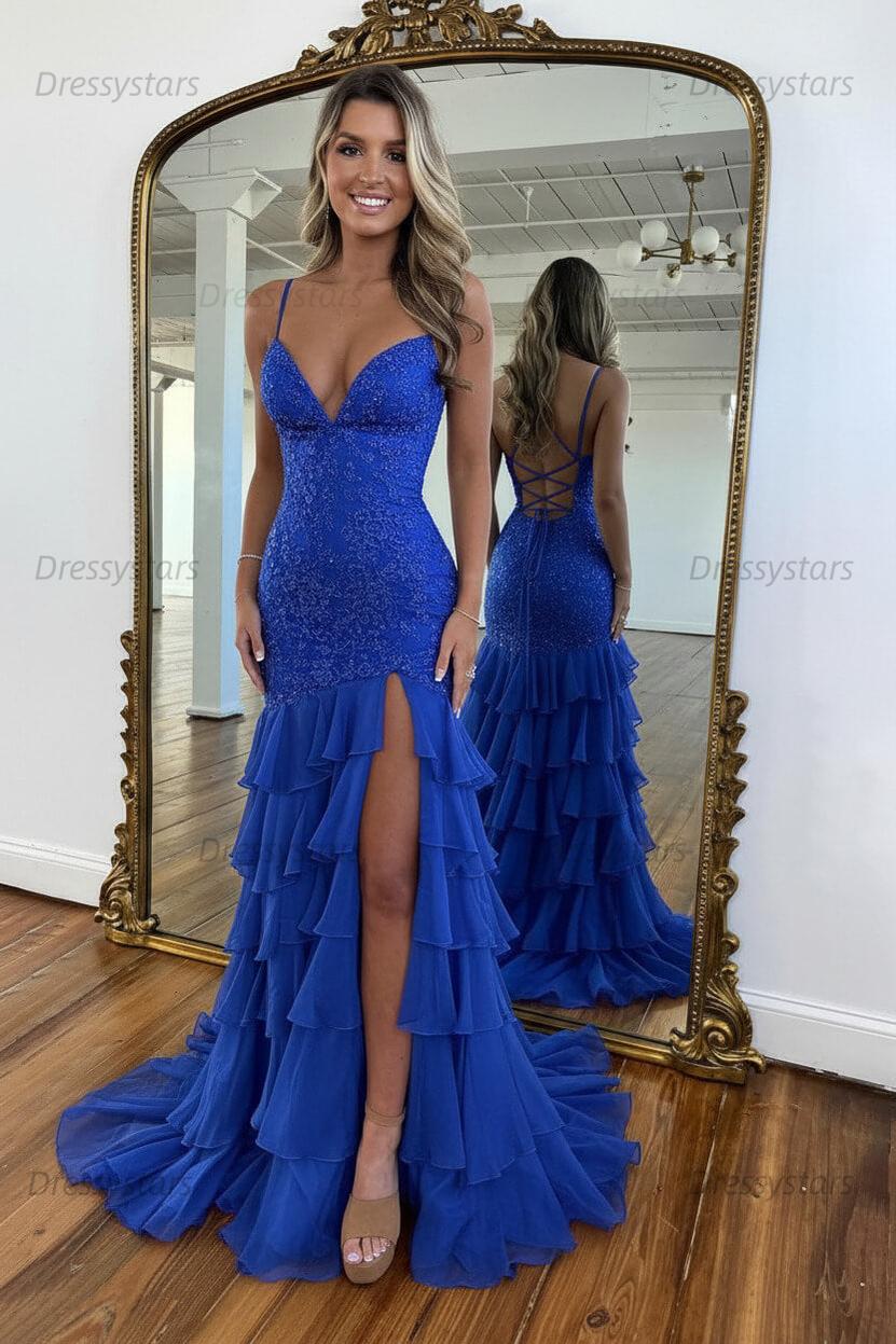 Dressystars Yellow Mermaid Spaghetti Straps Lace Up Long Prom Dress With Ruffle Skirt Formal Evening Gown