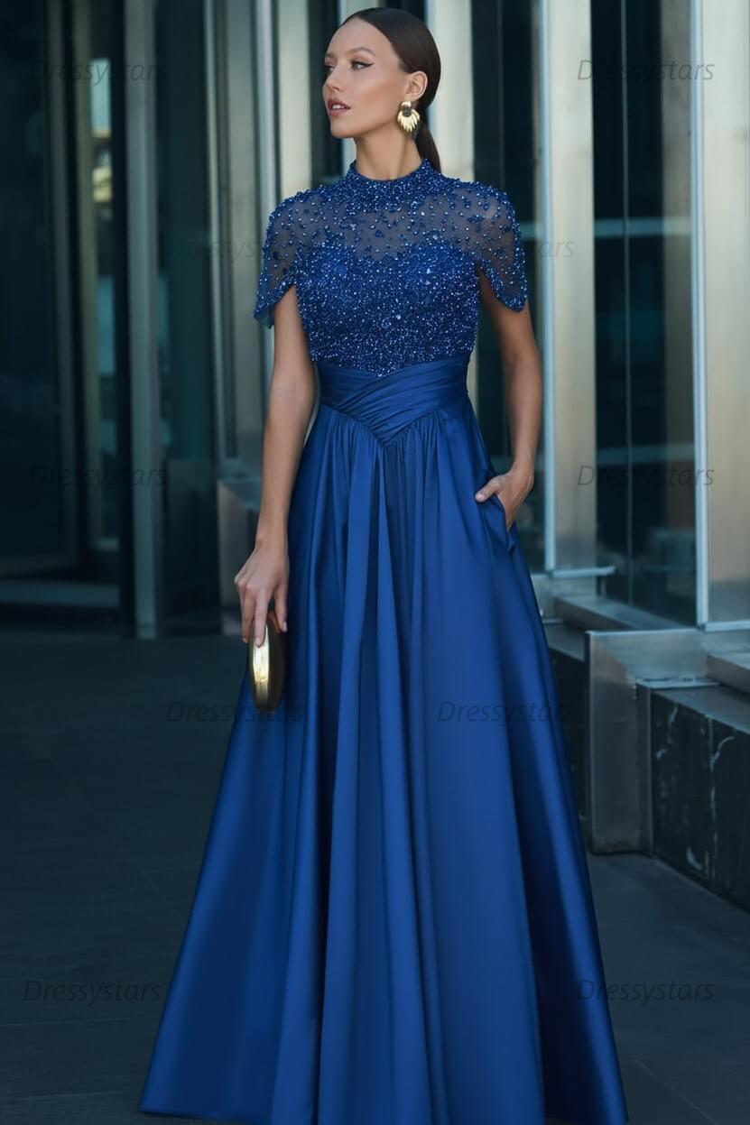 Green A Line Prom Dress Short Sleeve High Neck Formal Dress With Beadings and Rhinestones