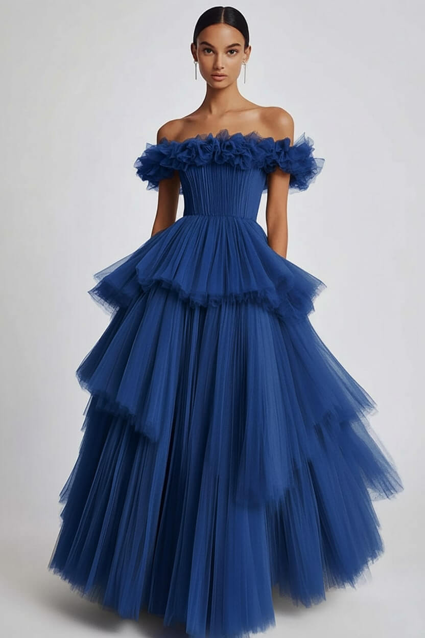 Dusty Sage Formal Dress Tulle Off The Shoulder Ball Gown Wedding Guest Dress With Ruffles