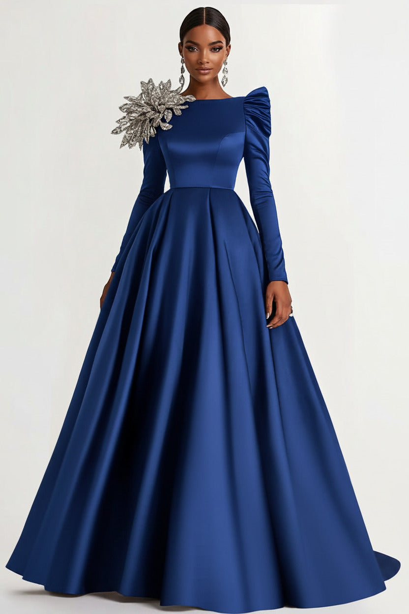 Dressystars A-Line Long Black Wedding Guest Dress Satin Boat Neck Formal Dress With Long Sleeves
