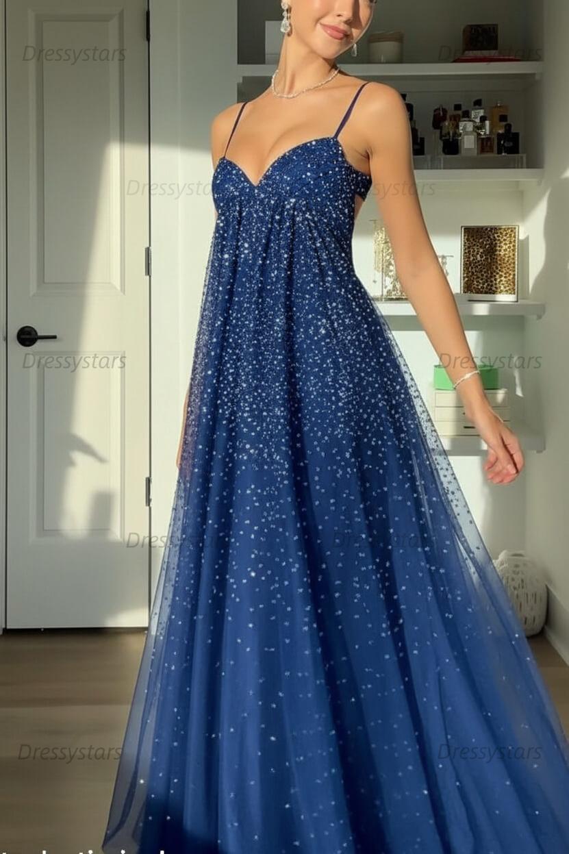 Dressystars Bling A Line Spaghetti Straps Grey Blue Long Party Dress With Beading Formal Evening Gown