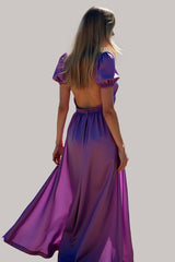 Ruched Long Backless Purple Wedding Guest Dress Formal Dress With Puff Sleeves
