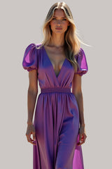 Ruched Long Backless Purple Wedding Guest Dress Formal Dress With Puff Sleeves