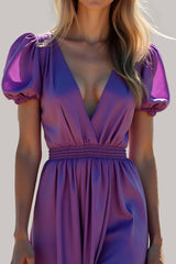 Ruched Long Backless Purple Wedding Guest Dress Formal Dress With Puff Sleeves