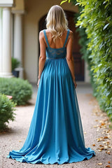 Ruched Long Dusty Blue Wedding Guest Dress A Line Formal Dress With Lace