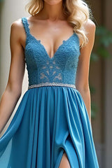 Ruched Long Dusty Blue Wedding Guest Dress A Line Formal Dress With Lace