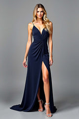 Ruched Navy Wedding Guest Dress V-Neck Long Formal Dress With Slit