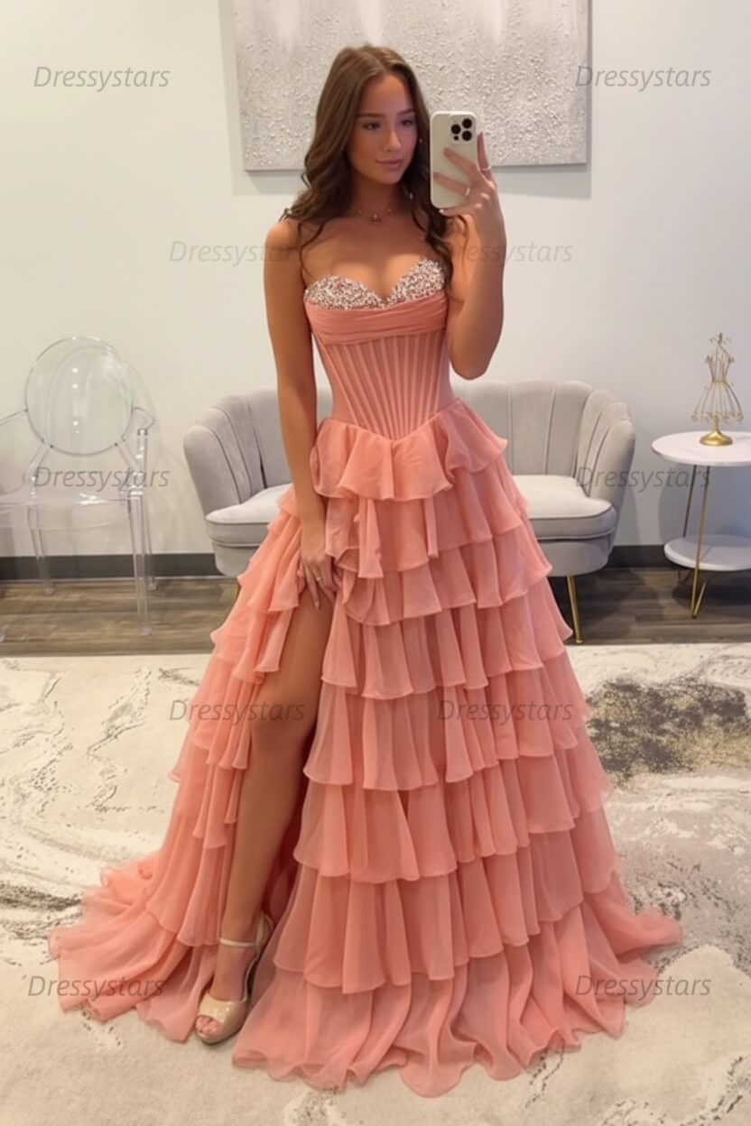 Ruffled Black Prom Dress A Line Corset Long Formal Dress With Beadings